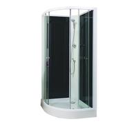 ONDÉE, Cabine de douche GENA, Montage sans silicone, Cabine accès d'angle à porte coulissante en verre trempé 5mm, 90x207cm, Profilés en aluminium blanc et panneaux de fond en verre trempé noir