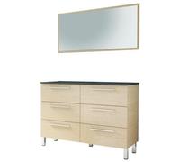 ONDÉE - Meuble à Poser - 120 cm - avec Plan Double Vasque en résine Noir - 6 tiroirs à Fermeture Progressive - Miroir Assorti Inclus - fabriqué en Europe - 120 cm - Chêne Clair - Modèle Pallas