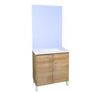 ONDÉE, Meuble à Poser BELIS + Miroir affleurant, Classique et Intemporel, Largeur : 80cm, Bois, Plan céramique 1 Vasque, 2 Portes Prise de Main, Livré monté, Norme FSC, Gamme Zen à Vivre