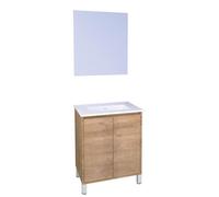 ONDÉE - Meuble à Poser BELIS + Miroir Suspendu - Intemporel - Largeur : 60cm - Bois - Plan céramique 1 Vasque - 2 Portes Prise de Main - Livré monté - Fabriqué en Europe - Gamme Zen à Vivre