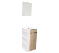 ONDÉE - Meuble à Poser Collection Nova - Moderne et Fonctionnel. 1 Porte à Fermeture Progressive - Ouverture et Caisson Reversible - Livré en Kit - mélaminé Blanc Porte Bois - Vasque résine Blanche