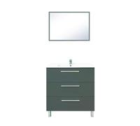 ONDÉE, Meuble à Poser Collection Pallas, Moderne et Pratique, Plan céramique Simple Vasque Extra-Plat 18mm, 3 Tiroirs à Fermeture Progressive, Miroir Assorti Inclus, Largeur 80cm, mélaminé Gris