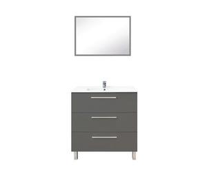 ONDÉE - Meuble à Poser Collection Pallas - Moderne et Pratique - Plan céramique Simple Vasque Extra-Plat 18mm - 3 Tiroirs à Fermeture Progressive - Miroir Assorti Inclus - Largeur 80cm - mélaminé Gris