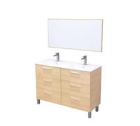 ONDÉE - Meuble à poser collection PALLAS - Plan céramique double vasque extra-plat 18mm - 6 Tiroirs à fermeture progressive - Miroir assorti inclus - Largeur 120cm - mélaminé Chêne Clair