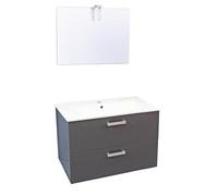 ONDÉE - Meuble à Suspendre Collection Smart. Plan céramique - Tiroirs à Fermeture Progressive et Ouverture partielle - Livré monté - Fabriqué en Europe - Largeur 80cm - Gris - Miroir + Spot LED