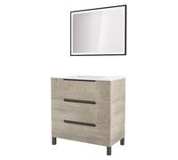 ONDÉE, Meuble de Salle de Bain à Poser 80 cm avec Vasque en céramique, Miroir LED rectangulaire Noir, 3 tiroirs à Fermeture ralentie, Fabrication européenne, 80 cm, Bois Nordique, Noir, Modèle Alaska