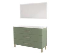 ONDÉE - Meuble de Salle de Bain à Poser Monaco - 3 Tiroirs Fermeture Progressive Organisateur - Plan Vasque Céramique - Miroir LED Rectangle Givrès Athena - 60 cm - Vert Sauge - Livré Monté