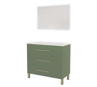 ONDÉE - Meuble de Salle de Bain à Poser Monaco - 3 Tiroirs Organisateur Fermeture Progressive - Vasque Céramique - Miroir LED Athena - 90 cm - Vert Sauge - Livré Monté