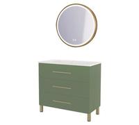 ONDÉE - Meuble de Salle de Bain Monaco - 3 Tiroirs Fermeture Progressive - Plan Vasque Céramique - Miroir LED Rond Alexine Doré - 90 cm - Vert Sauge - Livré Monté - Mélaminé FSC