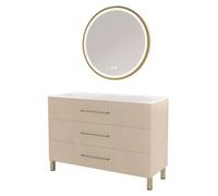 ONDÉE - Meuble de Salle de Bain Monaco - 3 Tiroirs Fermeture Progressive - Plan Vasque Céramique - Miroir LED Rond Alexine Doré - 120 cm - Satin - Livré Monté - Façades Mélaminé FSC