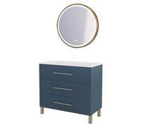 ONDÉE - Meuble de Salle de Bain Monaco - 3 Tiroirs Fermeture Progressive - Plan Vasque Céramique - Miroir LED Rond Alexine Doré - 90 cm - Bleu Minéral - Livré Monté