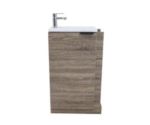 ONDÉE - Meuble Lave-Mains à Poser Collection Woody - Plan résine - 1 Porte - Fermeture Progressive - Installation réversible - 4 étagère latérales - Livré en kit - Largeur 57,5cm- mélaminé Bois