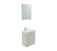 ONDÉE, Meuble Lave-Mains à Suspendre Collection Nino, Compact, Choix de Couleurs, Plan résine sans trop Plein, 1 Porte- étagère repositionnable, Miroir Inclus, Largeur 44cm, Finition laqué Taupe