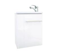 ONDÉE, Meuble Lave-Mains à Suspendre Collection Sam, Plan résine sans trop Plein, 1 Porte, Installation réversible, Poignée métallique Porte-Serviette, Finition laqué Blanc