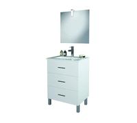 ONDÉE, Meuble Poser Montecarlo, Plan Céramique 1 Vasque, 3 Tiroirs Fermeture Progressive, Miroir LED Inclus, Largeur 60cm, Blanc Laqué Brillant