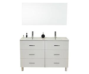 ONDÉE - Meuble Poser Montecarlo - Plan Céramique Double Vasque - 3 Tiroirs Fermeture Progressive - Miroir LED Inclus - Livré Monté - Europe - 120cm - Blanc