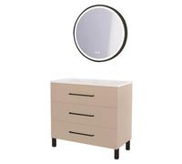 ONDÉE - Meuble Salle de Bain à Poser Monaco - 3 Tiroirs à Fermeture Progressive Organisateur Intégré - Plan Vasque Céramique - Miroir LED Alexine - 90 cm - Satin