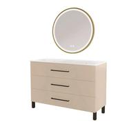 ONDÉE - Meuble Salle de Bain à Poser Monaco - 3 Tiroirs à Fermeture Progressive Organisateur Intégré - Plan Vasque Céramique - Miroir LED Rond Alexine - 120 cm - Satin