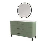 ONDÉE - Meuble Salle de Bain à Poser Monaco - 3 Tiroirs à Fermeture Progressive Organisateur Intégré - Plan Vasque Céramique - Miroir LED Rond Alexine - 120 cm - Vert Sauge