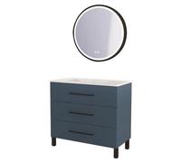 ONDÉE - Meuble Salle de Bain à Poser Monaco - 3 Tiroirs Fermeture Progressive Organisateur Intégré - Plan Vasque Céramique - Miroir LED Rond Alexine - 90 cm - Bleu Minéral