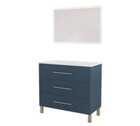 ONDÉE - Meuble Salle de Bain à Poser Monaco - 3 Tiroirs Fermeture Progressive Organisateur Intégré - Plan Vasque Céramique - Miroir LED Rectangle Athena Bords Givrès - 90 cm - Bleu Minéral
