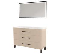 ONDÉE - Meuble Salle de Bain à Poser Monaco - 3 Tiroirs Fermeture Progressive Organisateur Intégré - Plan Vasque Céramique - Miroir LED Rectangulaire Selena - 120 cm - Satin