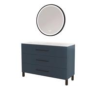 ONDÉE - Meuble Salle de Bain à Poser Monaco - 3 Tiroirs Fermeture Progressive Organisateur Intégré - Plan Vasque Céramique - Miroir LED Rond Alexine - 60 cm - Bleu Minéral