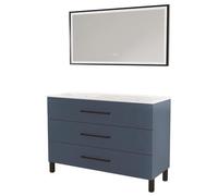 ONDÉE - Meuble Salle de Bain à Poser Monaco - 3 Tiroirs Fermeture Progressive Organisateur Intégré - Plan Vasque Céramique - Miroir LED Rectangulaire Selena - 60 cm - Bleu Minéral