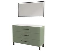 ONDÉE - Meuble Salle de Bain à Poser Monaco - 3 Tiroirs Fermeture Progressive Organisateur Intégré - Plan Vasque Céramique - Miroir LED Rectangulaire Selena - 60 cm - Vert Sauge