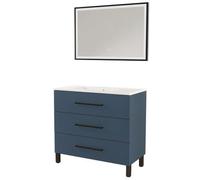 ONDÉE - Meuble Salle de Bain à Poser Monaco - 3 Tiroirs Fermeture Progressive Organisateur Intégré - Plan Vasque Céramique - Miroir LED Rectangulaire Selena - 90 cm - Bleu Minéral