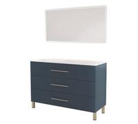 ONDÉE - Meuble Salle de Bain à Poser Monaco - 3 Tiroirs Fermeture Progressive Organisateur Intégré - Plan Vasque Céramique - Miroir LED Rectangle Athena Bords Givrès - 120 cm - Bleu Minéral