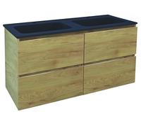 ONDÉE, Meuble Salle de Bain Suspendu avec Plan Vasque Noir, 4 tiroirs à Fermeture Progressive, fabriqué en Europe, Largeur 120 cm, Finition mélaminé Bois, Couleur Bois Naturel, Modèle Trendy
