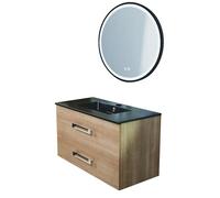 ONDÉE, Meuble Salle de Bain Suspendu - Plan en résine Noire Mate - 1 Vasque - 2 tiroirs à Fermeture Progressive - Miroir éclairant Alexine - Fabriqué en Europe, 90 cm - Bois Miel, Modèle LENCA