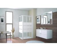 ONDÉE - Porte de douche MISSI, Façade coulissante 3 volets. 100x185cm - Epaisseur 4mm - Installation réversible - Profilé aluminium blanc (-25/+5mm) - Verre trempé sérigraphié 3 bandes blanches