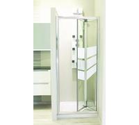 ONDÉE - Porte de douche MISSI, Façade pliantes accès de face. 70x185cm - Epaisseur 4mm - Installation réversible - Profilé aluminium chromé (-25/+5mm) - Verre trempé sérigraphié 3 bandes blanches