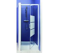 ONDÉE - Porte de douche MISSI, Porte pivotante. 80x185cm - Epaisseur 4mm - Installation réversible - Profilé aluminium blanc (-25/+5mm) - Verre trempé sérigraphié 3 bandes blanches
