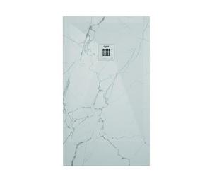 ONDÉE - Receveur Rectangulaire NOLA3 - Antidérapant - Texture Imitation Pierre - Grille d’écoulement - Découpable - Antibactérien - Extra Plat - avec bonde - 90x140cm - Marbre Blanc