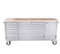 Ondis24 Chariot à outils en acier inoxydable avec 10 tiroirs à glissière facile et une grande table de travail en bois massif, roulettes, établi mobile, non équipé (Argent, 198 x 49 x 95 cm)