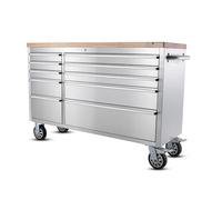 Ondis24 Chariot à outils en acier inoxydable avec 10 tiroirs à roulements à billes & table de travail en bois massif XL, roulettes, établi mobile, non équipé (Argent, 148 x 47 x 92 cm)