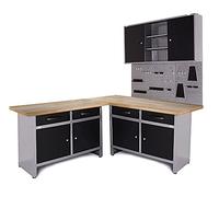 Ondis24 Ensemble de coin pour atelier Iconic One, établi, plan de travail en bois 120 + 60 cm, armoire à outils, panneau mural perforé, ensemble de crochets, métal