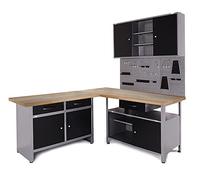 Ondis24 Kit de montage d'angle Premium One 170 cm, 2 bancs d'atelier, 1 armoire à outils, métal, verrouillable, 3 panneaux à outils, 1 panneau à trous, 1 crochet, noir