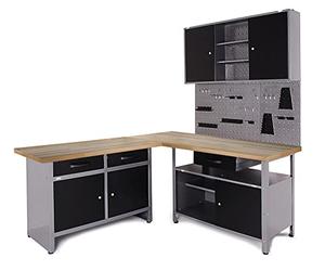 Ondis24 Kit de montage d'angle Premium One 170 cm, 2 bancs d'atelier, 1 armoire à outils, métal, verrouillable, 3 panneaux à outils, 1 panneau à trous, 1 crochet, noir