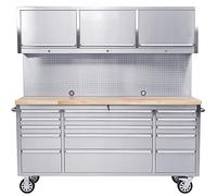 Ondis24 Servante d'atelier en acier inoxydable, 15 tiroirs à roulement, 3 armoires, panneau perforé, plan de travail en bois massif XL, roulettes pivotantes, établi mobile