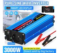 Onduleur de puissance à onde sinusoïdale Pure 3000W, adaptateur de convertisseur de voiture 12V à 230V 240V avec prises ue et ventilateur de refroidissement 1600W 12V