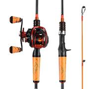 One Bass Ensemble canne à pêche et moulinet, 2 pièces en fibre de carbone de 24 tonnes avec moulinet super polymère poignée orange 1,8 m pour gaucher