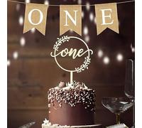 One gâteau topper, en bois décoration de gâteau de 1 an avec bannière de premier anniversaire bébé douche gâteau décoration pour articles de fête de premier anniversaire (Guirlande de fleurs)