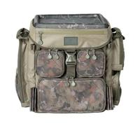 One More Cast HEIST Sac à dos compact - Splash Camo 40 L - Sac à dos de pêche de qualité supérieure avec couvercle rigide - Couvercle de table de bivouac, fentes pour piques, poches extérieures et