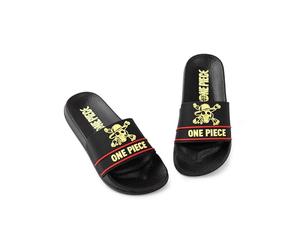 One Piece Claquettes noires pour garçon | Chaussures décontractées à l'effigie de l'emblème rouge et jaune | Vêtements d'extérieur et d'intérieur inspirés des dessins animés