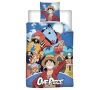One Piece Housse de Couette 140x200 + Taie 65x65 Luffy Zoro Nami Chapeau | Parure de lit réversible 1 personne | Polycoton séchage rapide | Licence officielle | Cadeau fans anime | Idée cadeau
