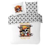 ONE PIECE - Housse de couette One Piece Luffy Pirate 220x240 cm + 2 taies d'oreiller 63x63 cm - 100% Coton - Blanc